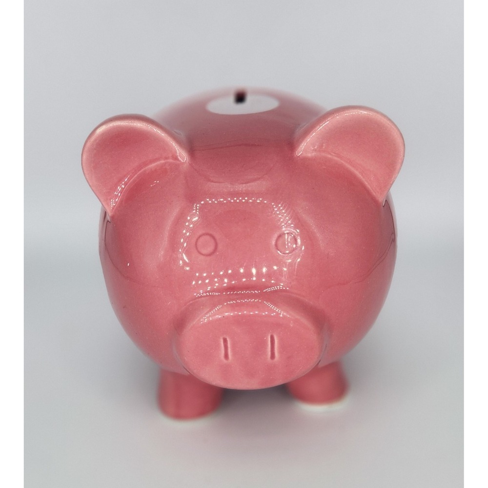 Gibson Pink Ceramic Piggy Bank with White Polka Dots 6" Tall 4" Wide Coin